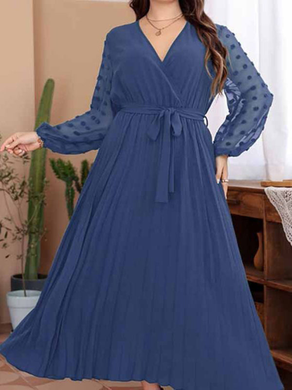 Plus Size Dresses- Belted Long Dress with Polka Dot Mesh Sleeves for Curvy Queens- Blue- IndioGear Fashion and Gear