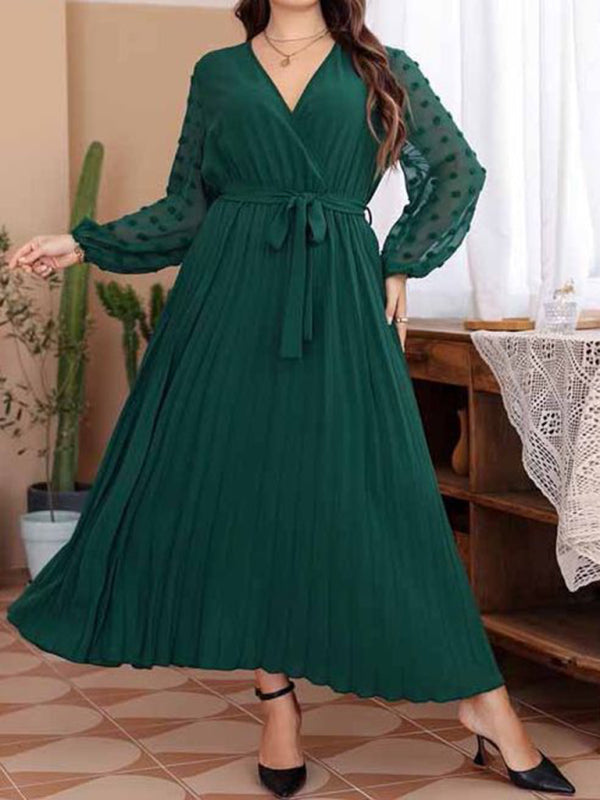 Plus Size Dresses- Belted Long Dress with Polka Dot Mesh Sleeves for Curvy Queens- Green- IndioGear Fashion and Gear