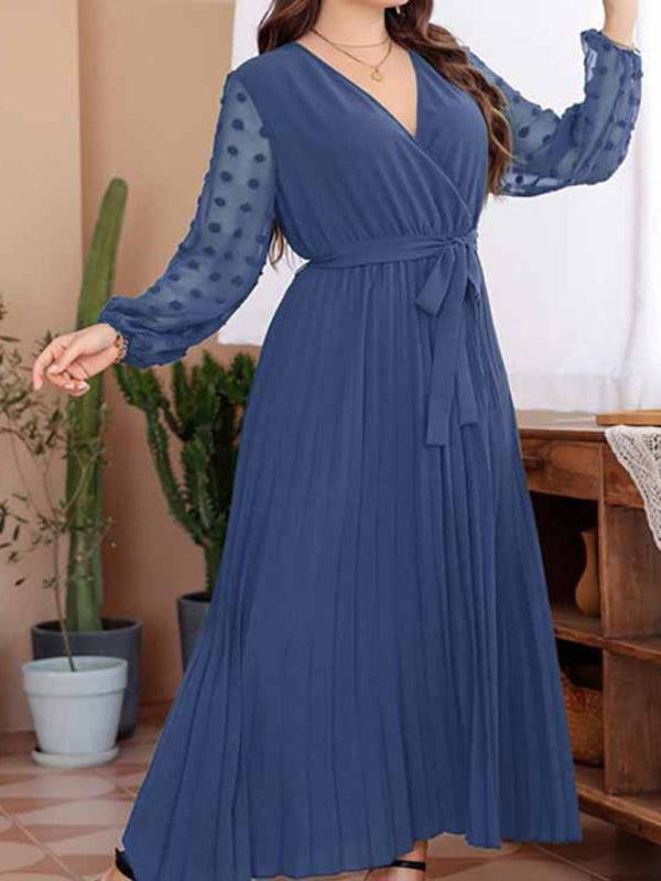 Plus Size Dresses- Belted Long Dress with Polka Dot Mesh Sleeves for Curvy Queens- - IndioGear Fashion and Gear