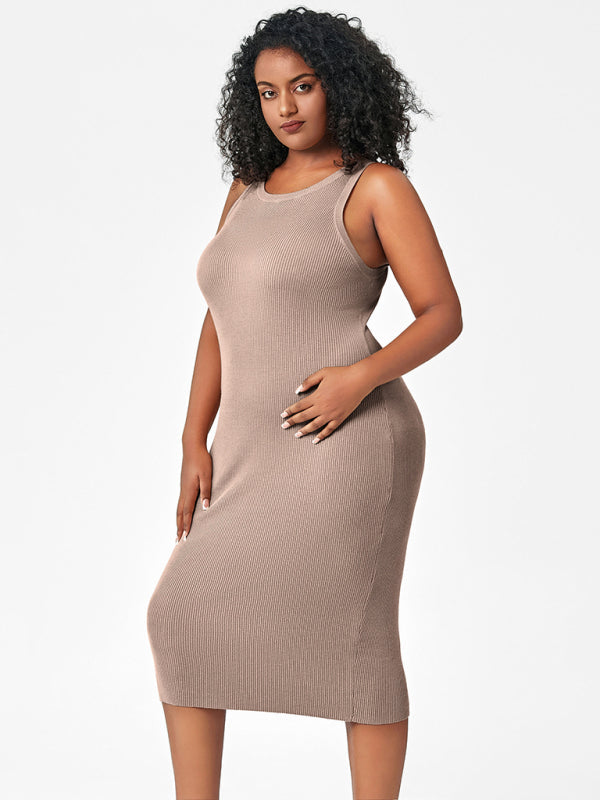 Plus Size Dresses- Curve-Hugging Plus Size Knit Bodycon Tank Dress- - IndioGear Fashion and Gear