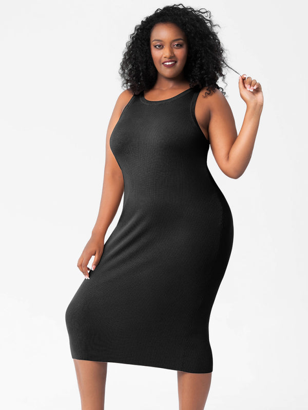 Plus Size Dresses- Curve-Hugging Plus Size Knit Bodycon Tank Dress- - IndioGear Fashion and Gear