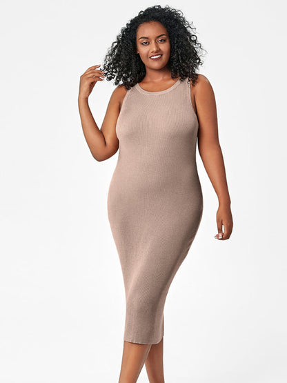 Plus Size Dresses- Curve-Hugging Plus Size Knit Bodycon Tank Dress- Camel- IndioGear Fashion and Gear