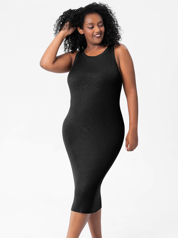 Plus Size Dresses- Curve-Hugging Plus Size Knit Bodycon Tank Dress- - IndioGear Fashion and Gear