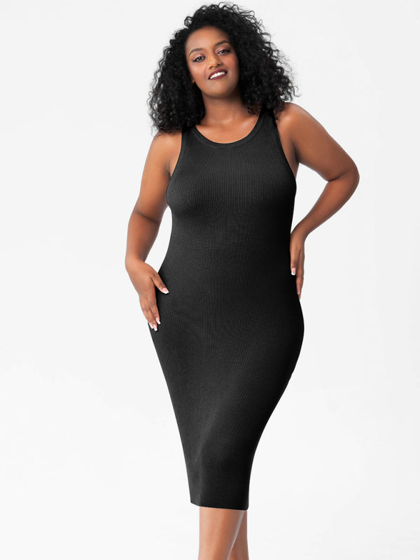 Plus Size Dresses- Curve-Hugging Plus Size Knit Bodycon Tank Dress- Black- IndioGear Fashion and Gear