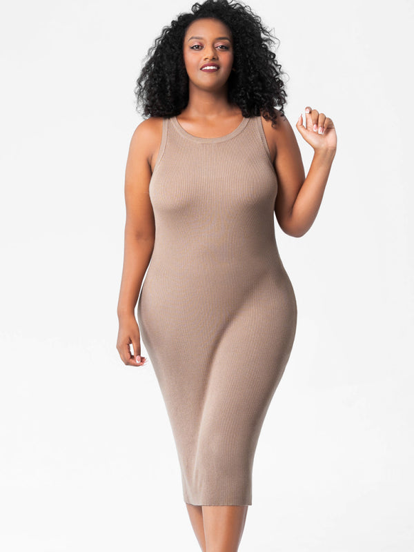 Plus Size Dresses- Curve-Hugging Plus Size Knit Bodycon Tank Dress- - IndioGear Fashion and Gear