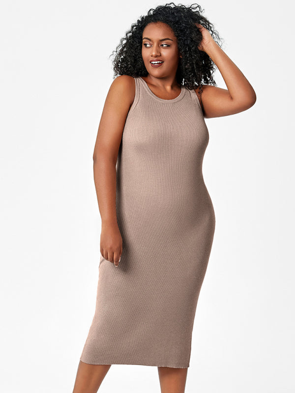 Plus Size Dresses- Curve-Hugging Plus Size Knit Bodycon Tank Dress- - IndioGear Fashion and Gear