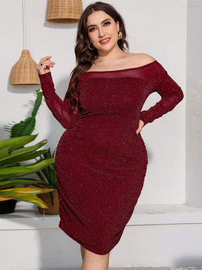 Plus Size Dresses- Elegant Plus Size Sparkle Off Shoulder Bodycon Dress- - IndioGear Fashion and Gear