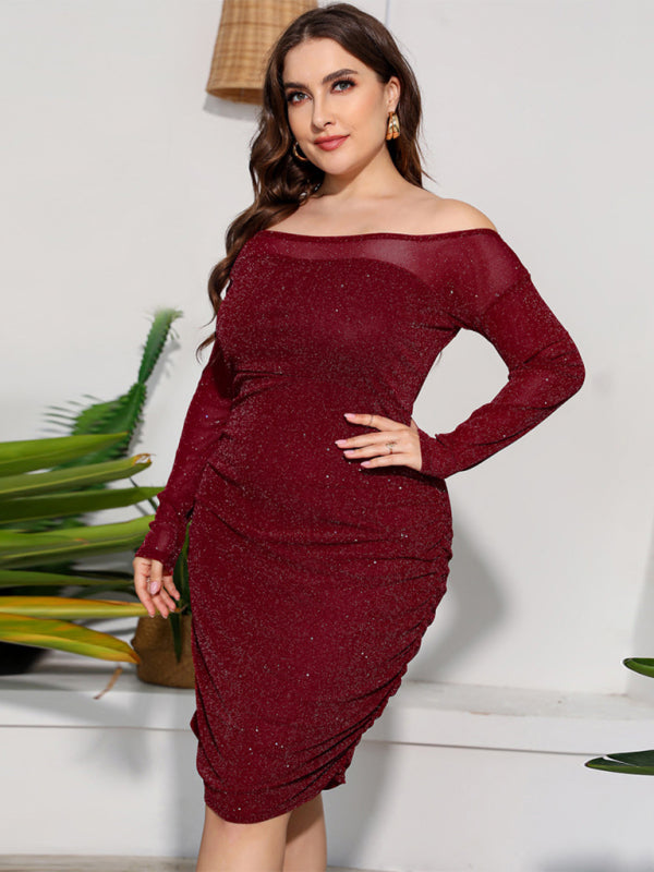 Plus Size Dresses- Elegant Plus Size Sparkle Off Shoulder Bodycon Dress- - IndioGear Fashion and Gear