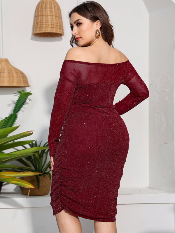 Plus Size Dresses- Elegant Plus Size Sparkle Off Shoulder Bodycon Dress- - IndioGear Fashion and Gear