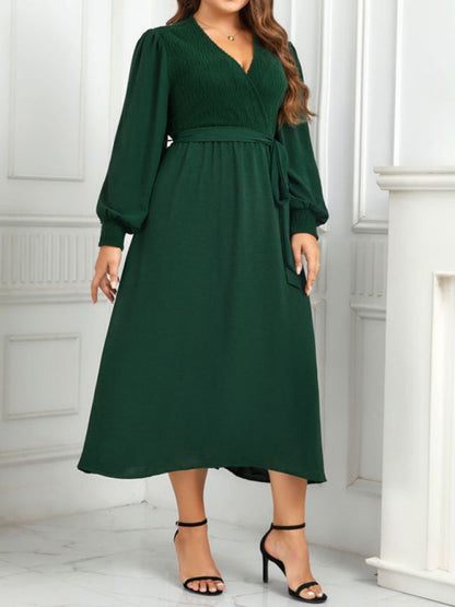 Plus Size Dresses- Solid A-Line Long Sleeve Belted Dress for Curvy Women- - IndioGear Fashion and Gear