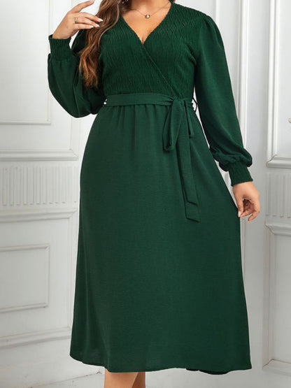 Plus Size Dresses- Solid A-Line Long Sleeve Belted Dress for Curvy Women- - IndioGear Fashion and Gear