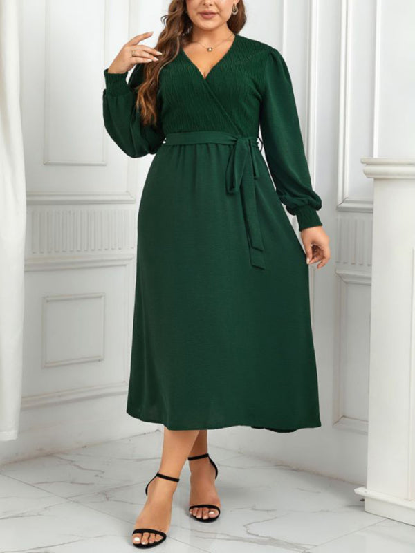 Plus Size Dresses- Solid A-Line Long Sleeve Belted Dress for Curvy Women- - IndioGear Fashion and Gear