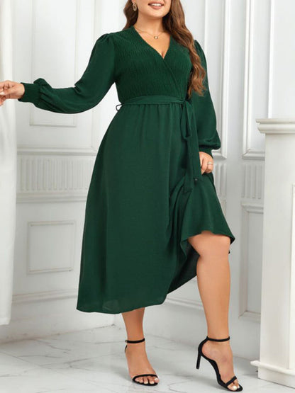 Plus Size Dresses- Solid A-Line Long Sleeve Belted Dress for Curvy Women- Green- IndioGear Fashion and Gear