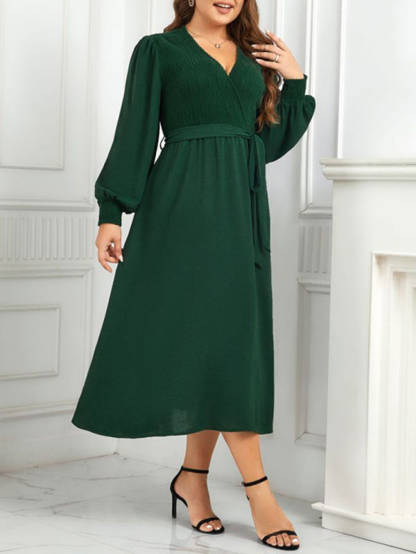 Plus Size Dresses- Solid A-Line Long Sleeve Belted Dress for Curvy Women- - IndioGear Fashion and Gear