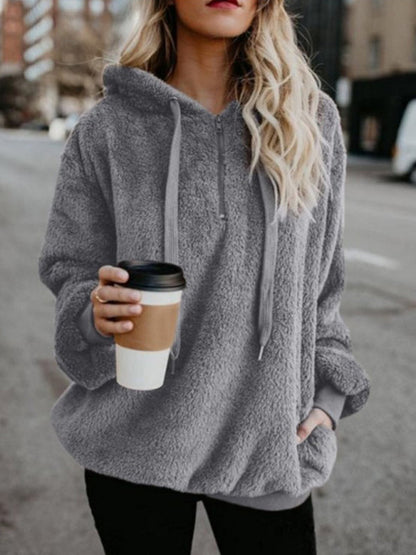 Plush Sweatshirts- Winter Teddy Plush Fleece Hoodie Sweatshirt- Grey- IndioGear Clothing and Gear