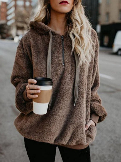 Plush Sweatshirts- Winter Teddy Plush Fleece Hoodie Sweatshirt- Brown- IndioGear Clothing and Gear