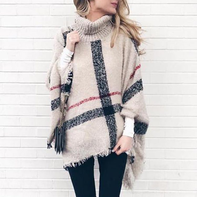 Mid-Length Fluffy Plaid Turtleneck Cozy Fringe Poncho | Ponchos | Pekosa Women Clothing