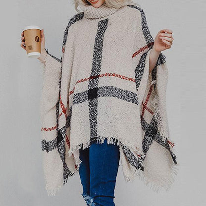 Mid-Length Fluffy Plaid Turtleneck Cozy Fringe Poncho | Ponchos | Pekosa Women Clothing