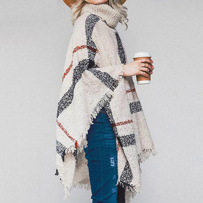 Mid-Length Fluffy Plaid Turtleneck Cozy Fringe Poncho | Ponchos | Pekosa Women Clothing