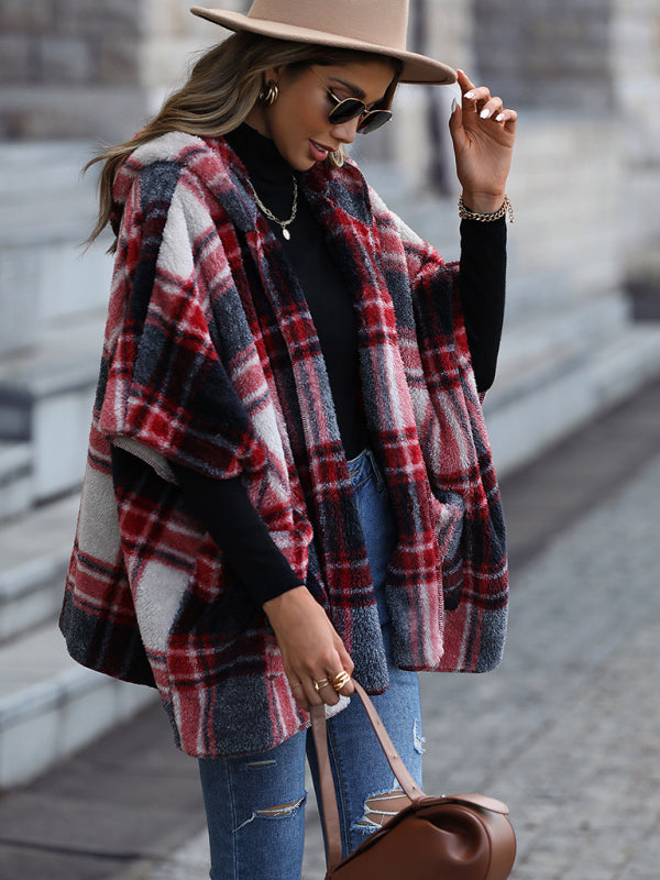 Ponchos- Oversized Cozy Plaid Plush Hooded Poncho Cape- - IndioGear Fashion and Gear