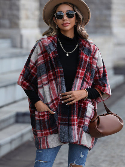 Ponchos- Oversized Cozy Plaid Plush Hooded Poncho Cape- - IndioGear Fashion and Gear