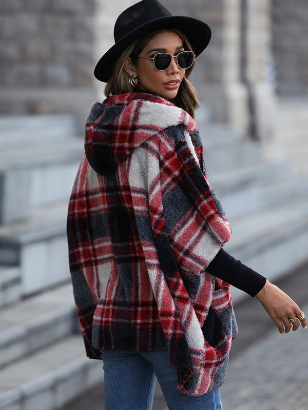 Ponchos- Oversized Cozy Plaid Plush Hooded Poncho Cape- - IndioGear Fashion and Gear