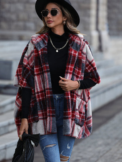 Ponchos- Oversized Cozy Plaid Plush Hooded Poncho Cape- Red- IndioGear Fashion and Gear