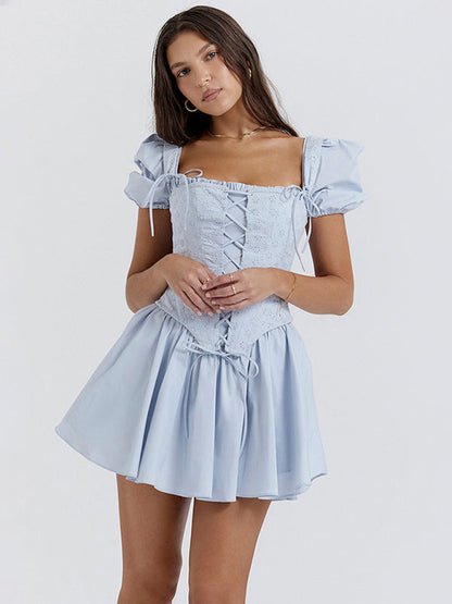 Puff Sleeves Lace-Up Fit and Flare Princess Dress