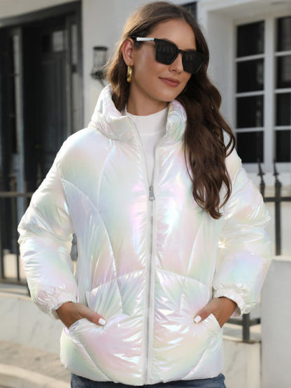 Puffers- Glossy Zip-Up Hooded Puffer Jacket Perfect for City Outings- White- IndioGear Clothing and Gear