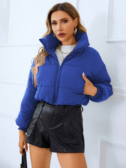 Puffers- Solid Crop Puffer Jacket with Zip-Up & Handy Pockets- Blue- IndioGear Fashion and Gear