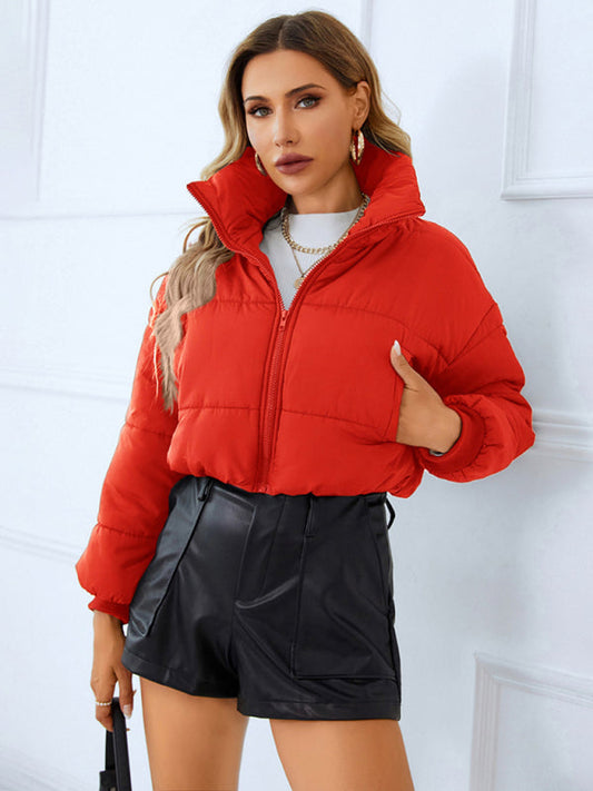 Puffers- Solid Crop Puffer Jacket with Zip-Up & Handy Pockets- Red- IndioGear Fashion and Gear