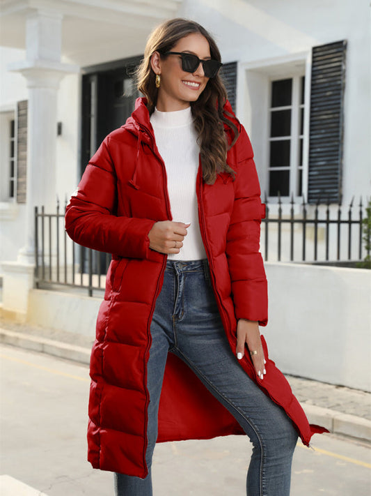 Puffers- Solid Hooded Longline Puffer Coat Jacket for Urban Winters- Red- IndioGear Clothing and Gear