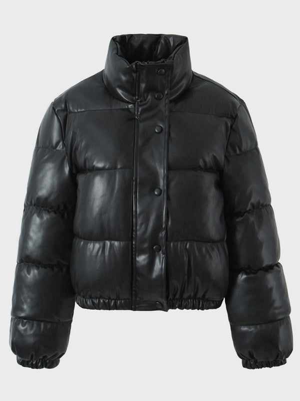 Puffers- Solid Stand Collar Cropped Puffer Coat- - IndioGear Fashion and Gear