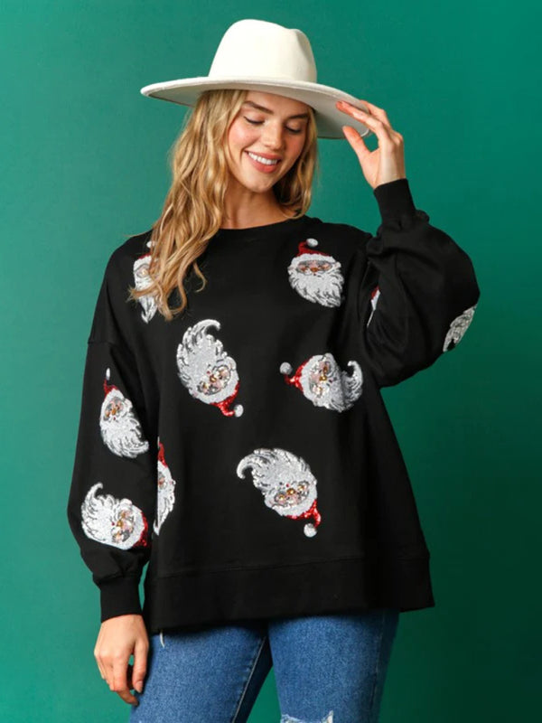 Pullover- Sequin Santa Pullover - Festive Patchwork Christmas Sweatshirt- Black- IndioGear Clothing and Gear