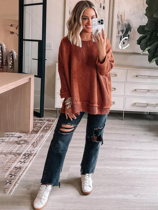 Pullover-Slouchy Rust-Textured Oversized Knitwear-Pekosa Women Clothing