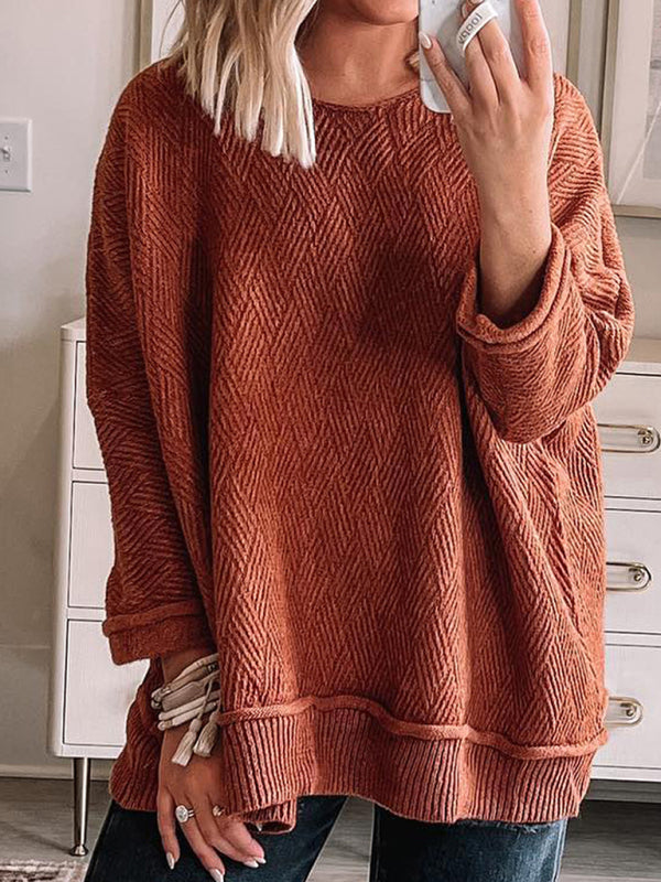 Pullover-Slouchy Rust-Textured Oversized Knitwear-Pekosa Women Clothing