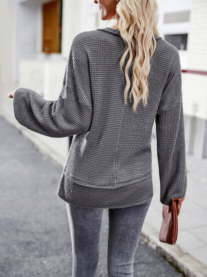 Pullover- Trendy Loose Sweater Pullover: V Neck with Waffle Texture & Pocket- - IndioGear Fashion and Gear