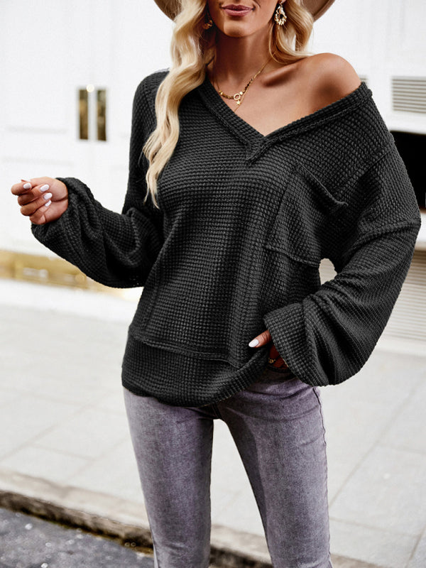 Pullover- Trendy Loose Sweater Pullover: V Neck with Waffle Texture & Pocket- - IndioGear Fashion and Gear