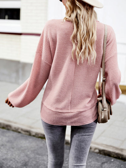 Pullover- Trendy Loose Sweater Pullover: V Neck with Waffle Texture & Pocket- - IndioGear Fashion and Gear