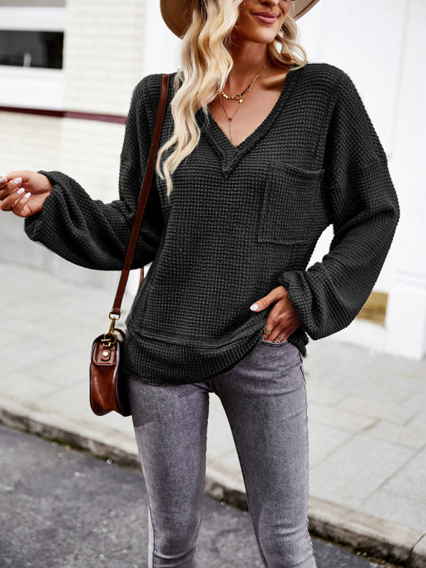 Pullover- Trendy Loose Sweater Pullover: V Neck with Waffle Texture & Pocket- - IndioGear Fashion and Gear