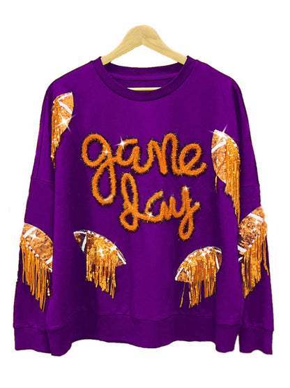 Pullovers- Sparkle Fringe Patchwork Rugby Theme Pullover - Sweatshirt for Game Days- Purple- IndioGear Fashion and Gear