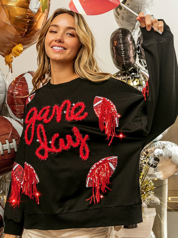 Pullovers- Sparkle Fringe Patchwork Rugby Theme Pullover - Sweatshirt for Game Days- - IndioGear Fashion and Gear