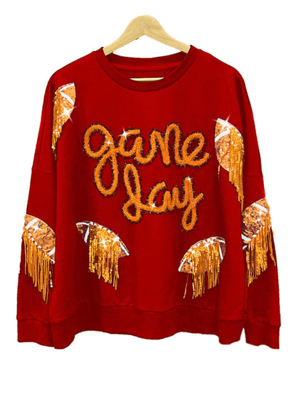 Pullovers- Sparkle Fringe Patchwork Rugby Theme Pullover - Sweatshirt for Game Days- Orange- IndioGear Fashion and Gear