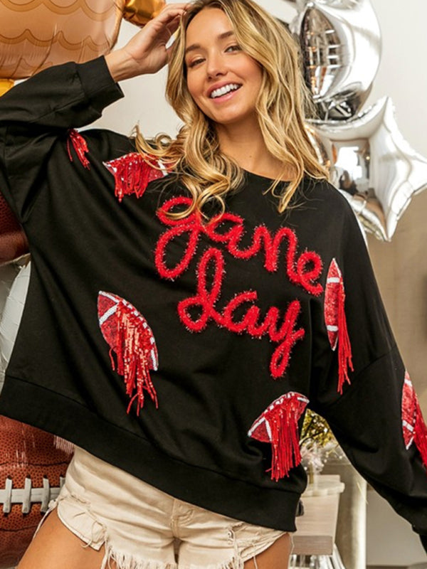 Pullovers- Sparkle Fringe Patchwork Rugby Theme Pullover - Sweatshirt for Game Days- - IndioGear Fashion and Gear