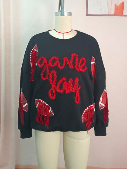 Pullovers- Sparkle Fringe Patchwork Rugby Theme Pullover - Sweatshirt for Game Days- - IndioGear Fashion and Gear