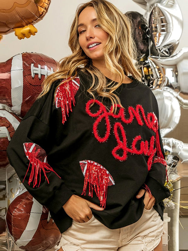 Pullovers- Sparkle Fringe Patchwork Rugby Theme Pullover - Sweatshirt for Game Days- - IndioGear Fashion and Gear