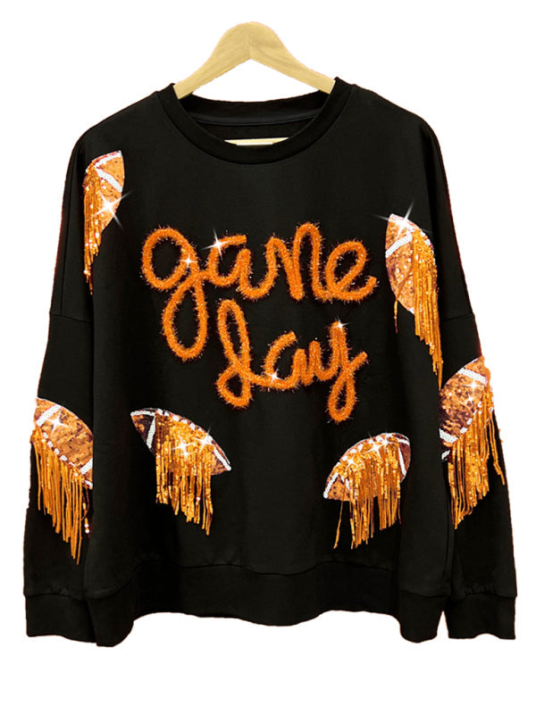 Pullovers- Sparkle Fringe Patchwork Rugby Theme Pullover - Sweatshirt for Game Days- Black- IndioGear Fashion and Gear