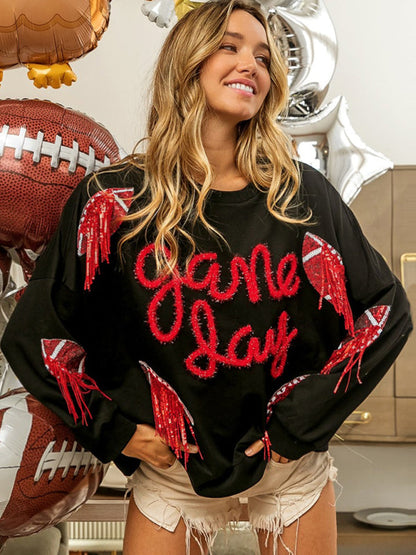 Pullovers- Sparkle Fringe Patchwork Rugby Theme Pullover - Sweatshirt for Game Days- Red- IndioGear Fashion and Gear