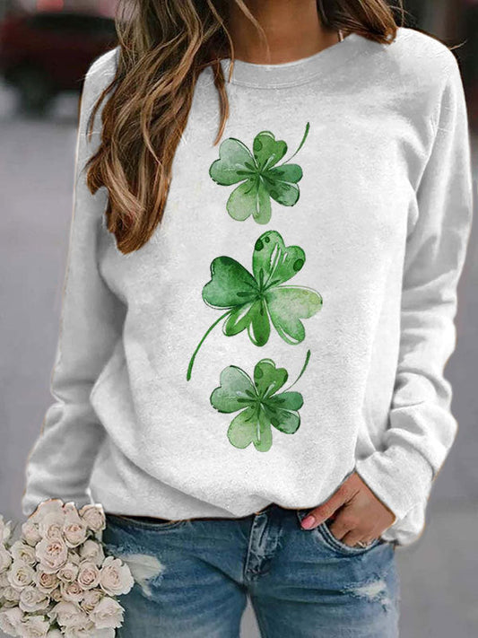 Pullovers- St. Patrick's Four-Leaf Clover Sweatshirt- White- IndioGear Fashion and Gear