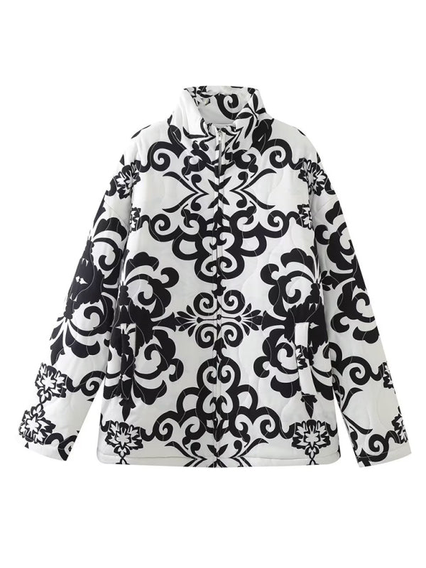 Quilted Jackets- Cozy Black Floral Print Quilted Oversized Jacket- - IndioGear Fashion and Gear